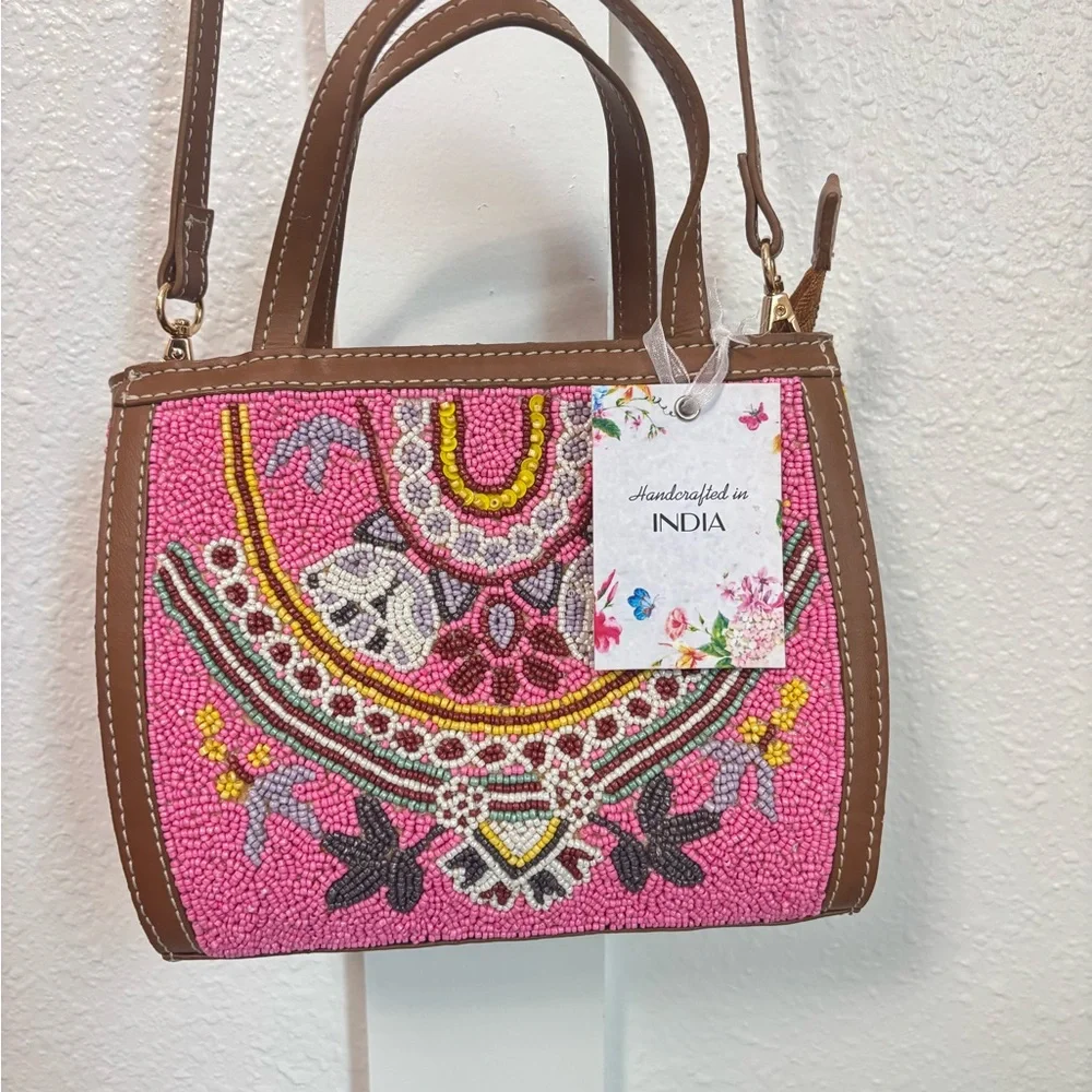 NWT Anthropologie Crossbody Bag Pink and Brown with Boho Embroidery - Picture 10 of 11